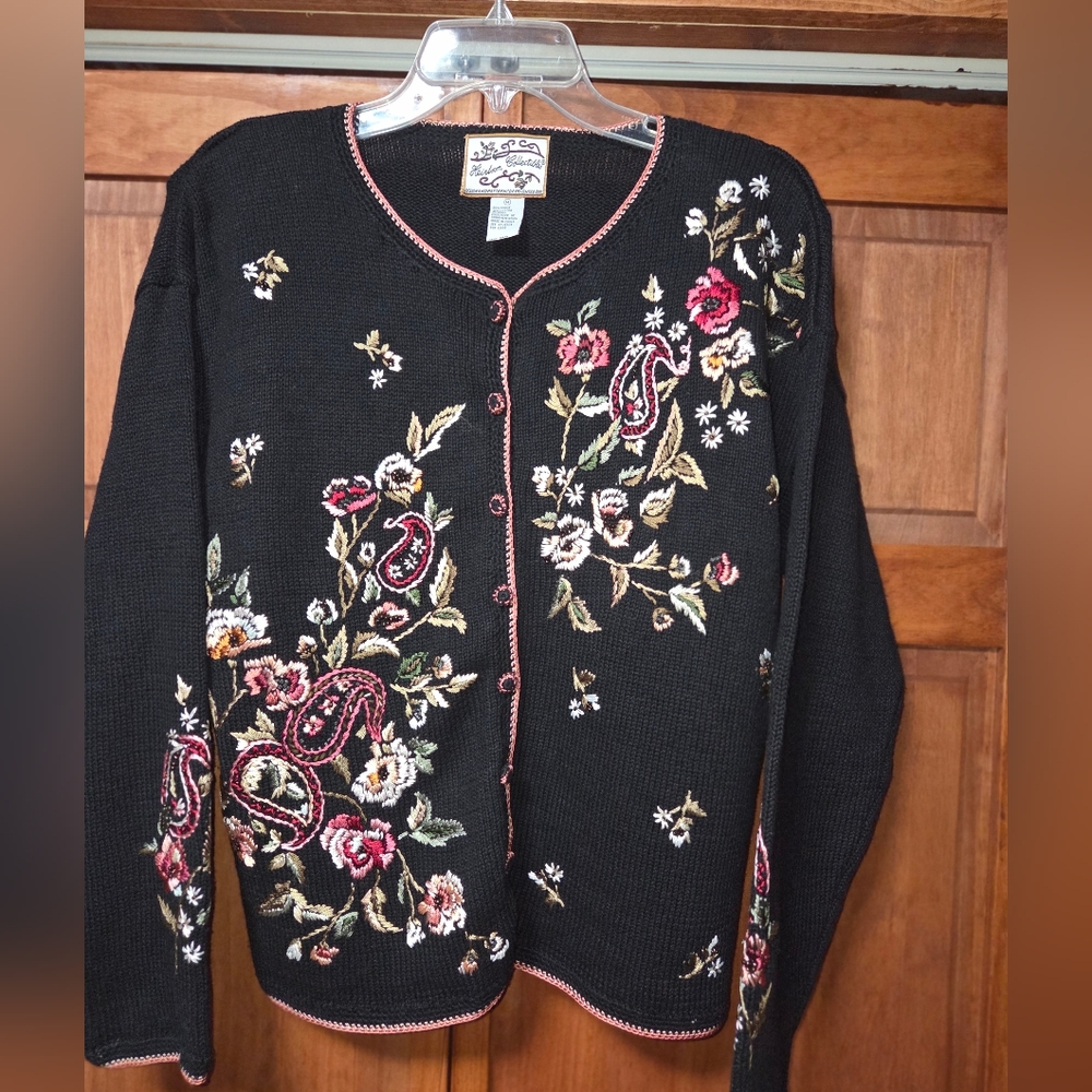 Coldwater Creek Black and Red Floral Embroidered Cardigan